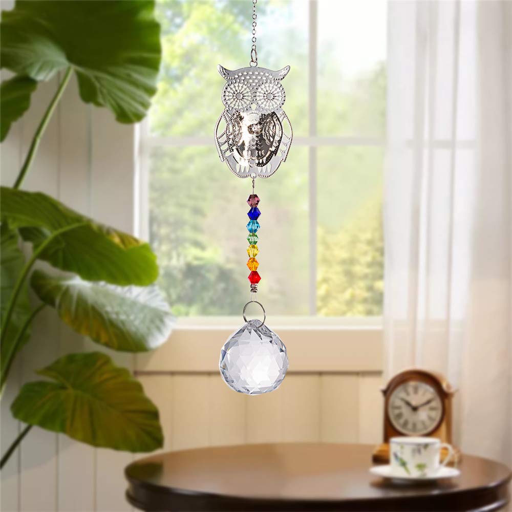 WEISIPU Crystals Ball Prisms Suncatchers - Hanging Ornament Crystals Owl Suncatchers with Clear Crystal Ball for Garden Decoration, Car Pendant, Christmas Decoration (Owl)