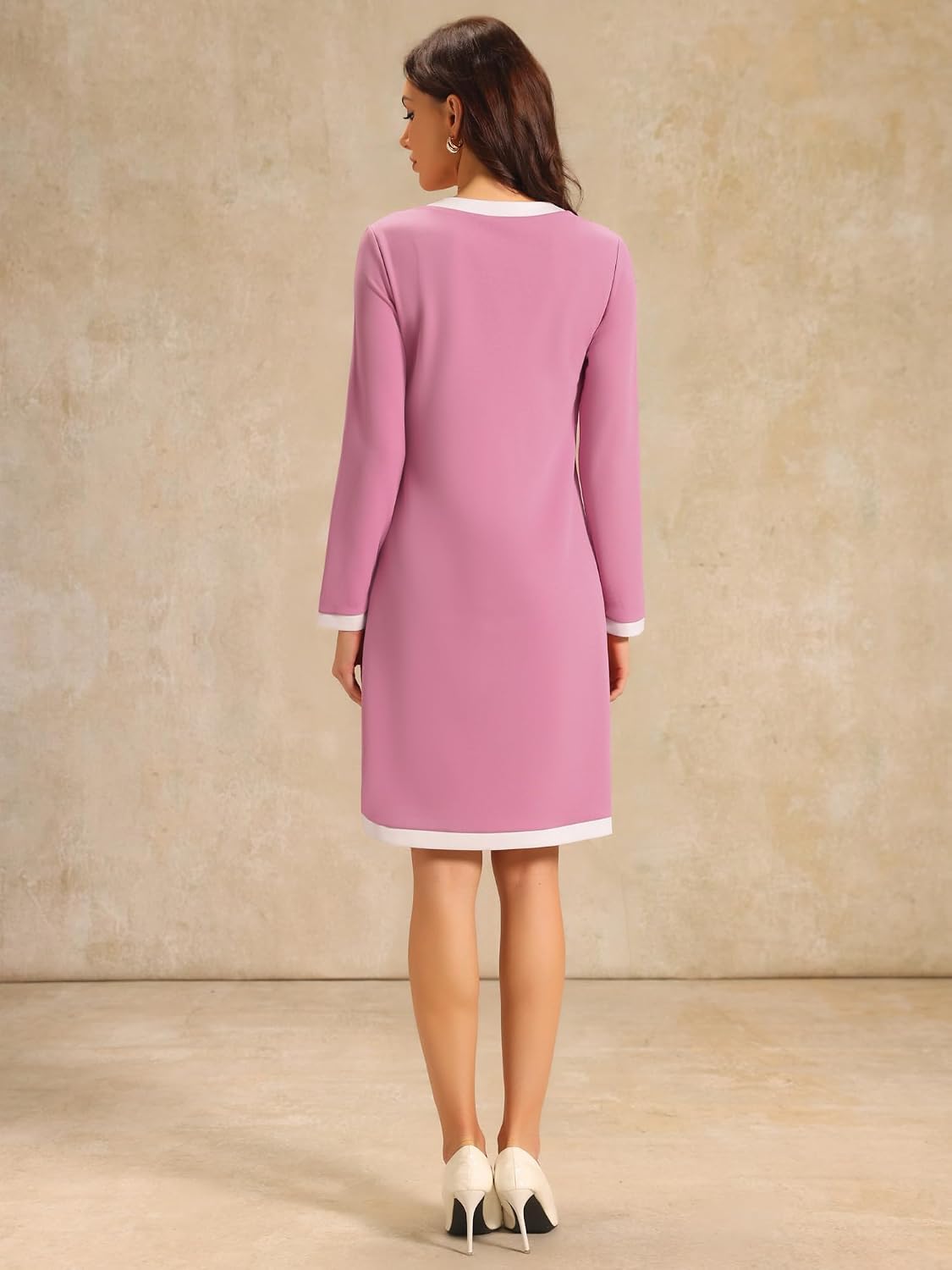 Hobemty Women's Elegant A-Line Dress Contrast Color V Neck Long Sleeve 2025 Trendy Work Dresses
