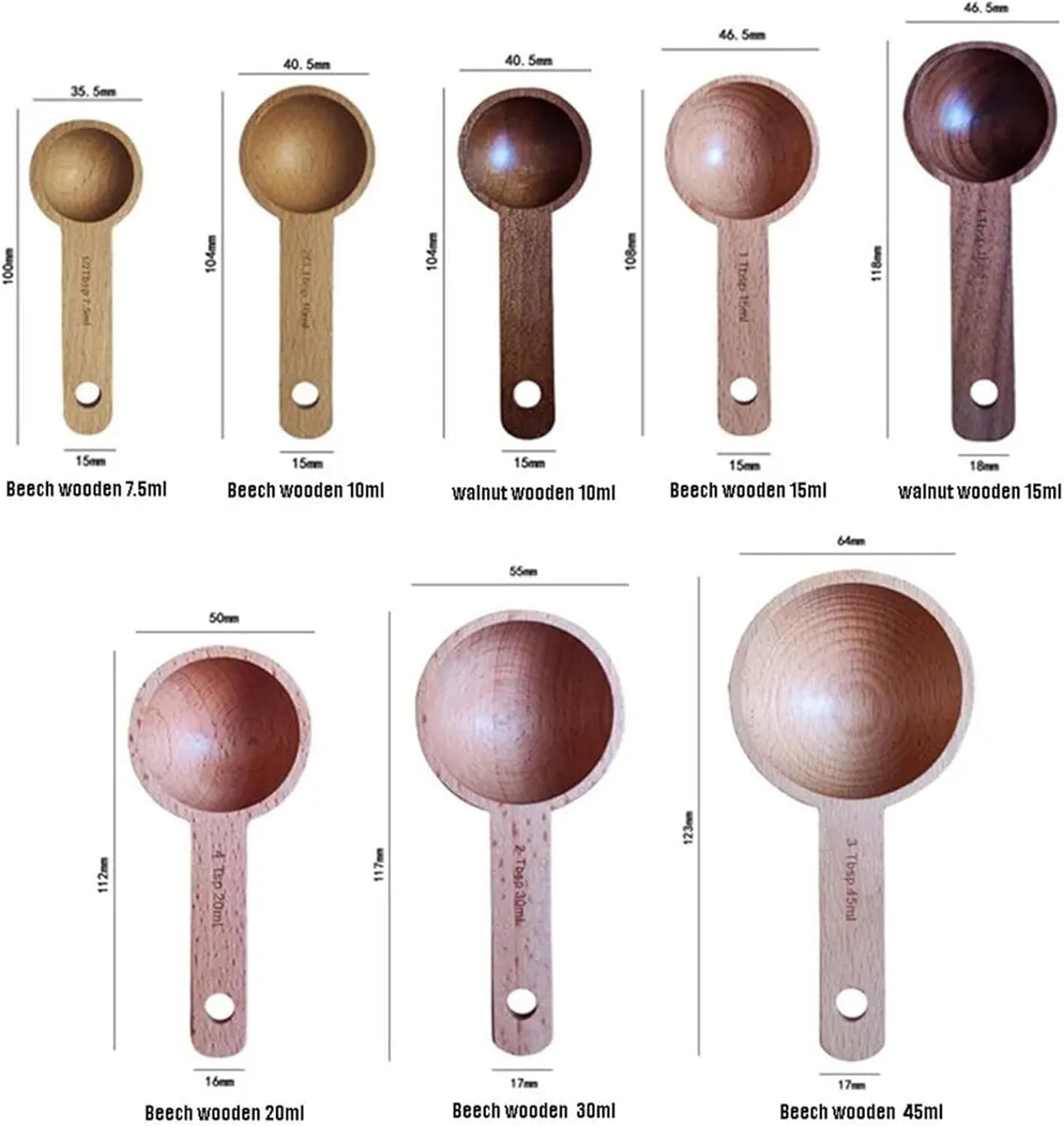 Coffee Scoop 10pcs Portable Tablespoon Measuring Spoon 7.5-45ml Walnut Wooden Beech Tea Hangable Coffee Bean Kitchen(10ml-Walnut Wooden)