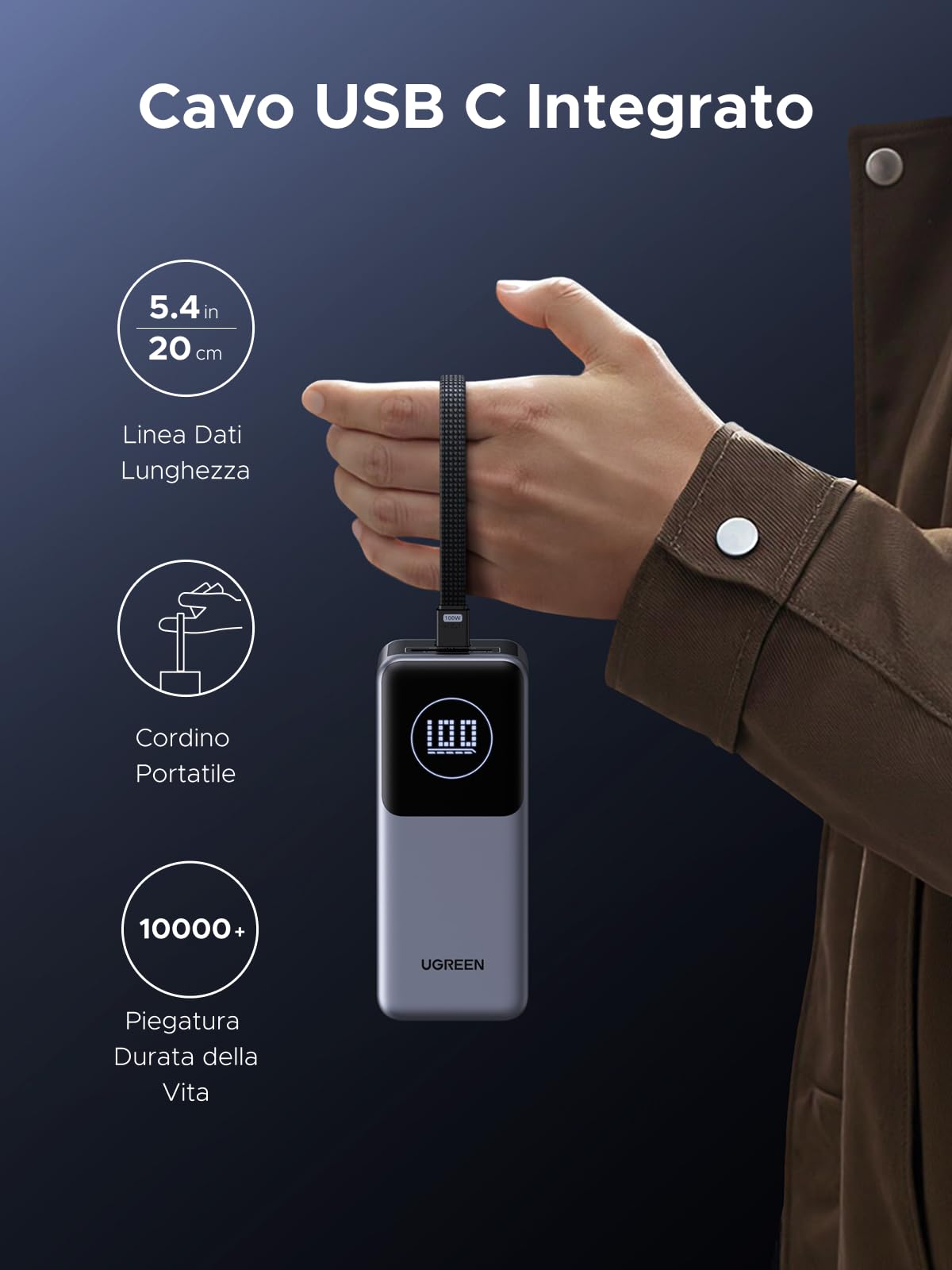 UGREEN Nexode Pro 130W Power Bank 20000mAh Caricatore Portatile PC PD 100W | Ricarica Rapida, 3 IN 1, Cavo USB C Integrato, 2 Porte 1C1A, Compatibile con iPhone 17 16 15 Galaxy S26 S25 S24 iPad