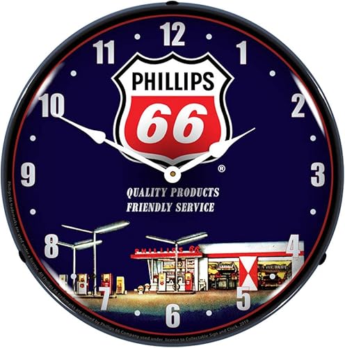 Phillips 66 Gasolinera 1 LED Reloj de pared, RetroVintage, iluminado, 14 pulgadas