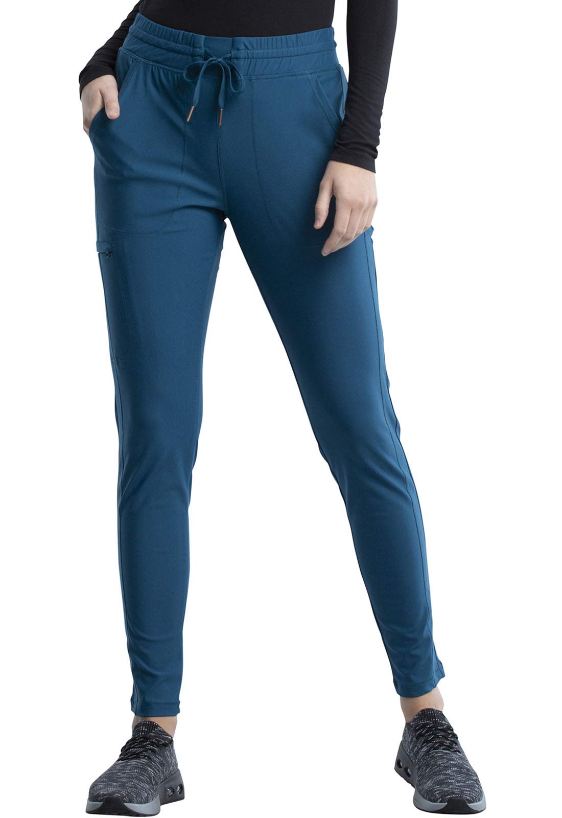 Cherokee CK840 - Conjunto de ropa quirúrgica para mujer, 7 bolsillos, cuello en V, dobladillo curvado CK840 y pantalón de pierna cónica de tiro medio con cordón CK095, azul caribeño, camiseta 2XL /