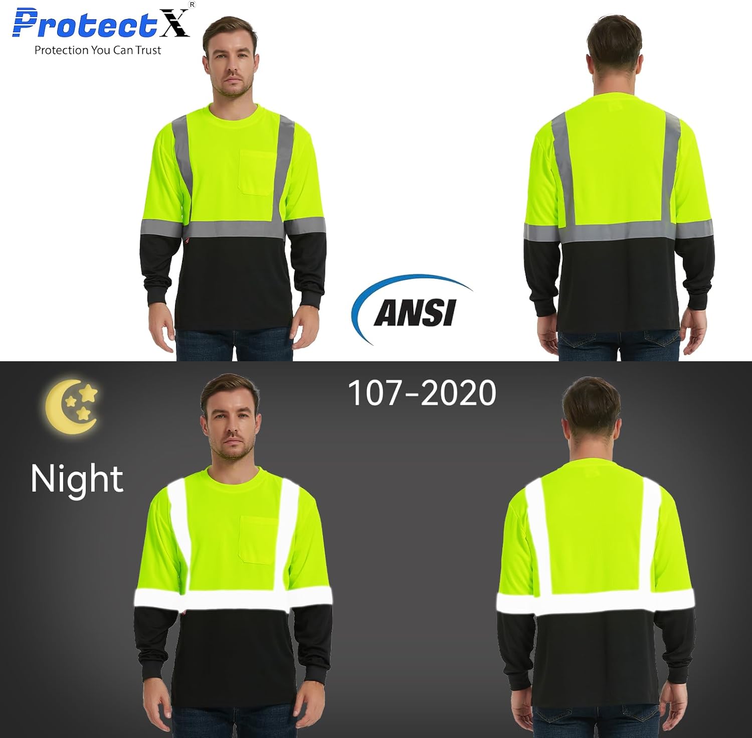 ProtectX High Visibility Long Sleeve Shirts Reflective Hi Vis Safety Shirt for Men Women Class 2-3 Construction Shirt 1 Pack - Image 3