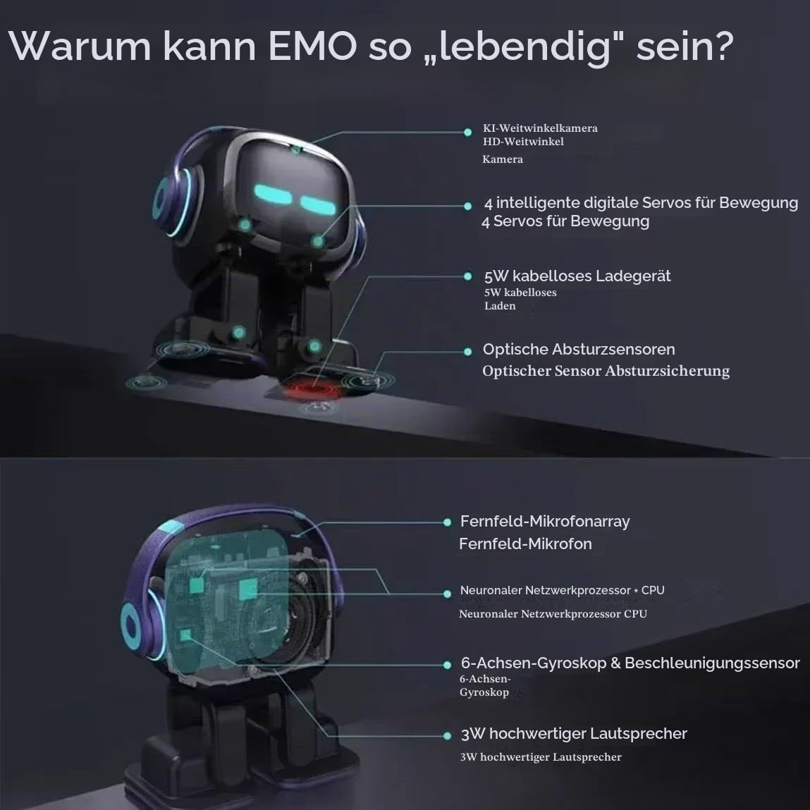 Ki-Begleitroboter, Intelligenter Desktop-Roboter, Mit Gesichtserkennung, Sprachinteraktion, Haptischer Sensorik, 5 W Kabellosem Laden, Für Heimspaß Und Tägliche Unterstützung White