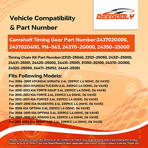 Deegooly 23121-25060 Engine Timing Chain Kit With 2Pcs Intake & Exhaust Vvt Gear Sprocket Fit For Genesis Coupe Santa Fe Sonata Tucson 2.4L Dohc G4Kc Timing Chain 243702G000, 243702G600 #TOP1