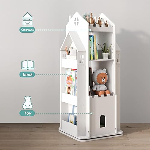 Miniatura 5 de oxskk Estantería blanca para niños, estantería giratoria de 360, estante organizador de libros de madera de 4 niveles, estante de almacenamiento en