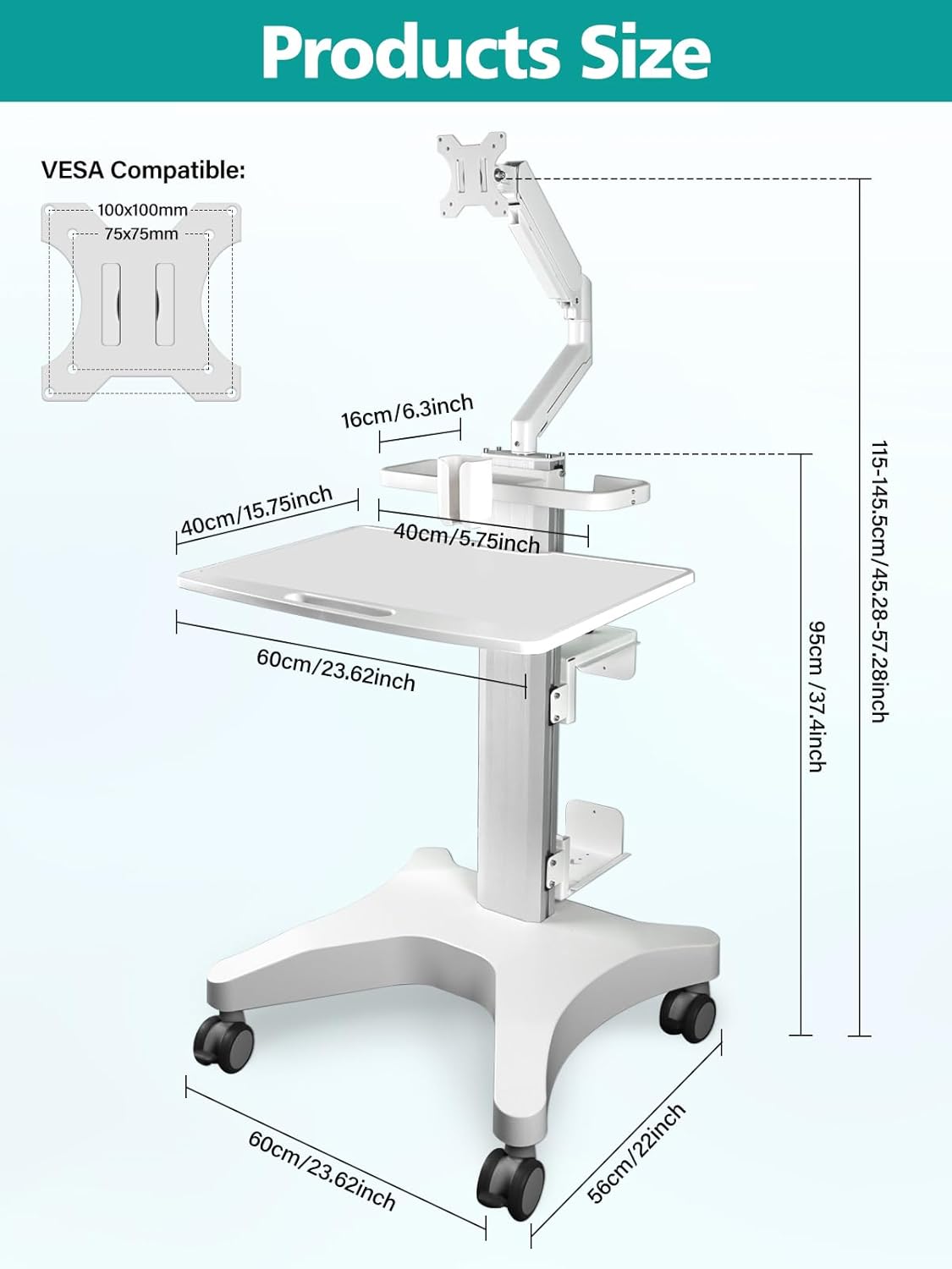 Kalolary Medical Trolley Cart with Monitor Mount, Medical Mobile Workstation Trolley Cart with Oral Scanner Holder Height-Adjustable Dental Clinic Carts on Wheels Rolling Lab Cart for Hospital Dental