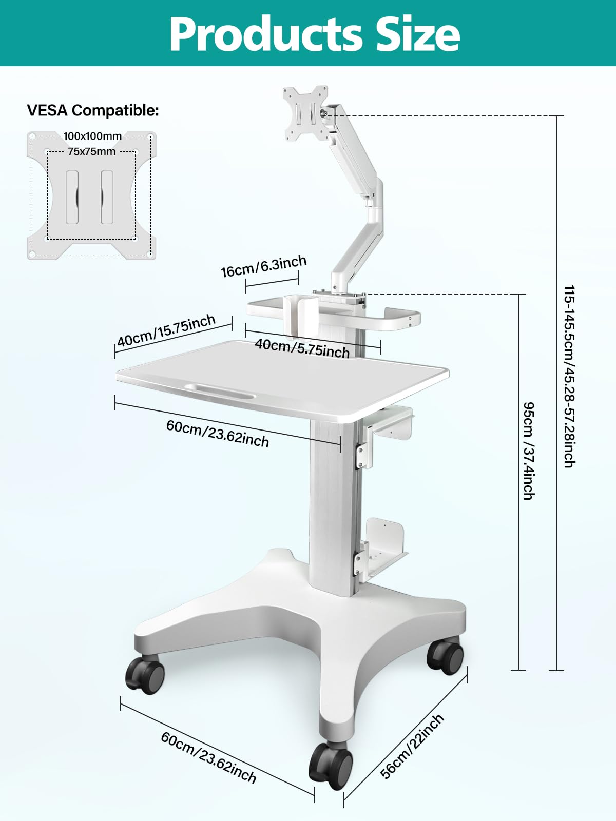 Kalolary Mobile Trolley Medical Cart,Carrello regolabile in altezza per computer portatile con ruote, per studio dentistico, con ripiano per laptop, supporto per scanner orale, supporto per tastiera e