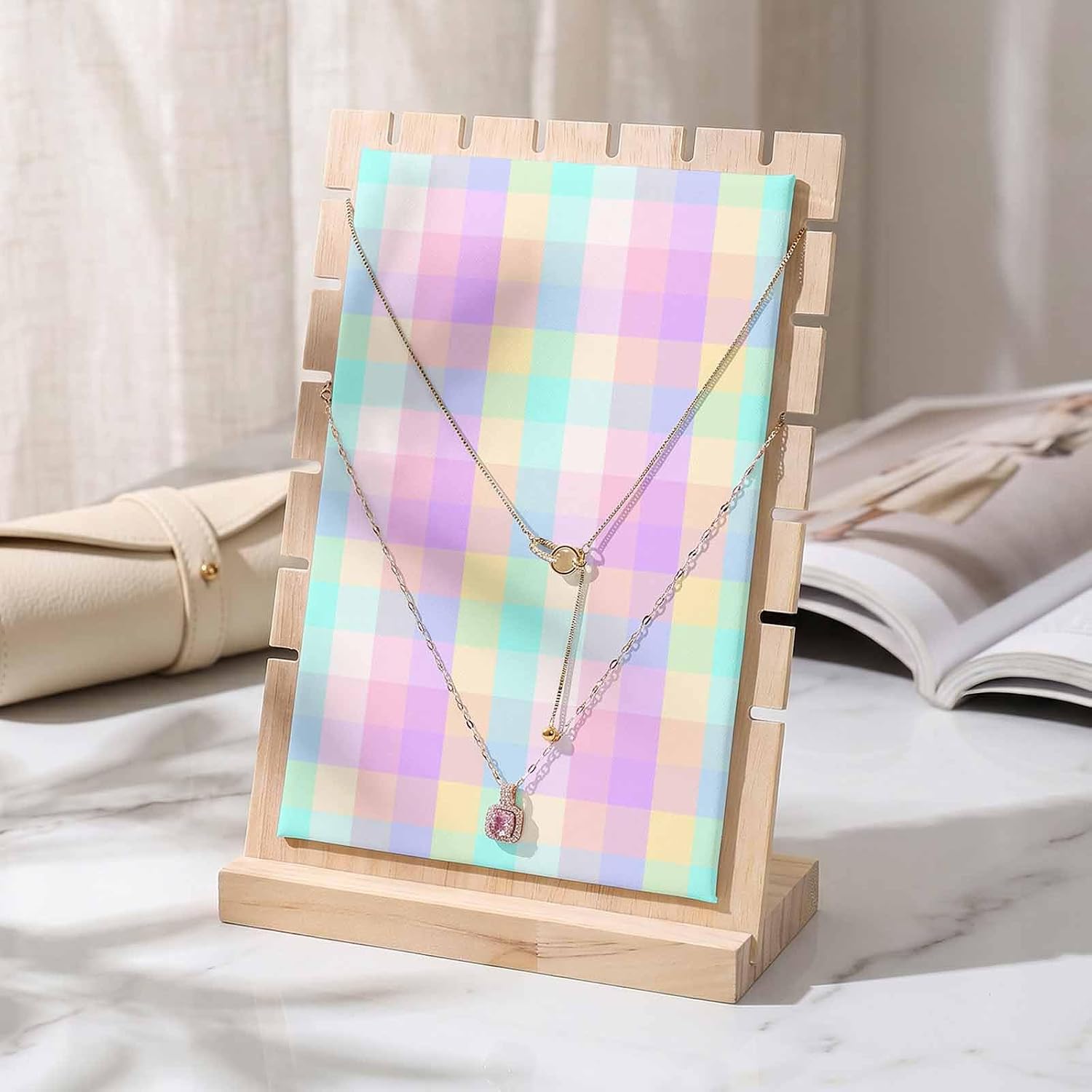 Necklace Display Stand Modern Color Plaid Detachable Necklace Holder Jewelry Display Storage, Classic Geometric Art Wooden Jewelry Organizer for Selling 7x3x9in