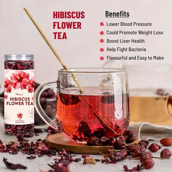 Image of Teaaza Organic Hibiscus Flower Tea For Stress, High Blood Pressure Control And Hair Growth - Caffeine Free Tea | 50 Grams (Pack of 1)