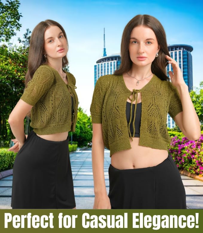 Women’s Crochet Cardigan XLarge Size | Light Weight Short Sleeve Cardigan for Women | Beautiful Olive Color with Viscose & Nylon Fabric Blend | Front Bow Tie Closure for Casual Wear & More - Image 5