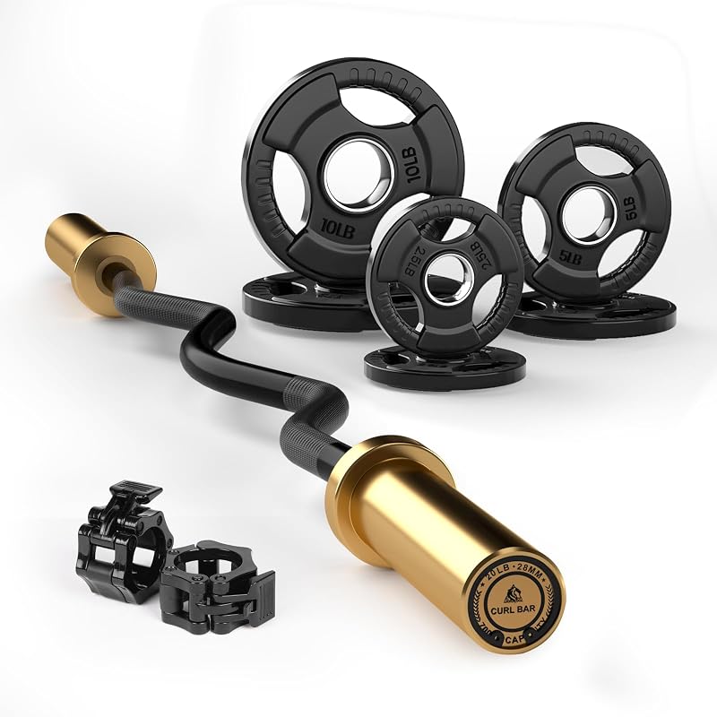 Juego de pesas EZ Curl Bar, barra de rizo fácil de 2 pulgadas con placas | Remo, peso muerto, entrenamiento de fuerza, levantamiento de pesas, curling, juego de pares de placas, 35/85 libras, negro, dorado, capacidad de 350/700 libras