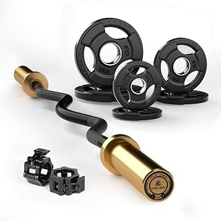 Juego de pesas EZ Curl Bar, barra de rizo fácil de 2 pulgadas con placas | Remo, peso muerto, entrenamiento de fuerza, levantamiento de pesas, curling, juego de pares de placas, 35/85 libras, negro, dorado, capacidad de 350/700 libras
