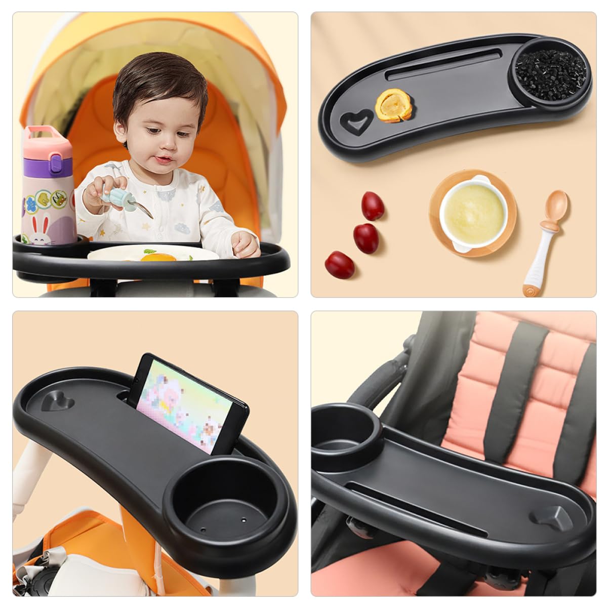 Plateau à Goûter Amovible pour Poussette Bébé, Porte-gobelet Intégré, Plastique Solide Noir, Accessoire Poussette Pratique pour Repas en Promenade, Installation Facile,