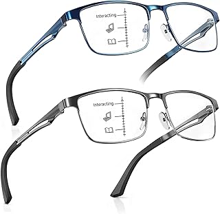 SKYFUEN Progressive Multifocus Reading Glasses for Men Metal Half Frame No-Line Anti-Blue Light Readers with Spring Hinges