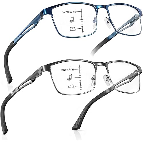 SKYFUEN Unbreakable Progressive Reading Glasses Men Multifocus Metal Full Frame, Blue Light Blocking/UV400 Protection Computer Readers with Durable Flexible Spring Hinges, Gunmetal+Blue, 2.50x