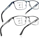 SKYFUEN Unbreakable Progressive Reading Glasses Men Multifocus Metal Full Frame, Blue Light Blocking/UV400 Protection Computer Readers with Durable Flexible Spring Hinges, Gunmetal+Blue, 2.50x