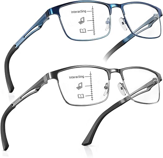 SKYFUEN Unbreakable Progressive Reading Glasses Men Multifocus Metal Full Frame, Blue Light Blocking/UV400 Protection Computer Readers with Durable Flexible Spring Hinges, Gunmetal+Blue, 2.50x