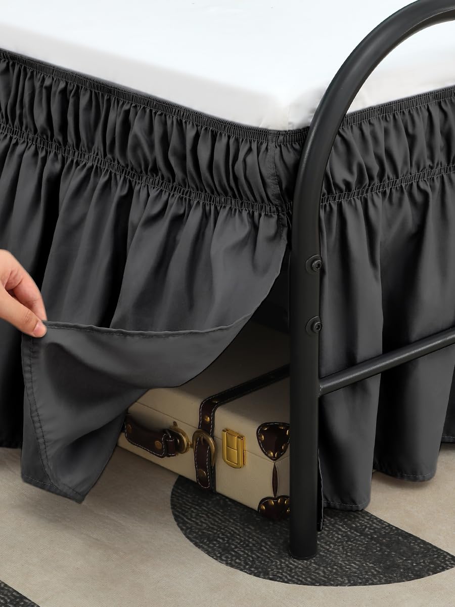 RIMELA Dark Grey Bed Skirts with Split Corners Queen Size 18 Inch Drop,Elastic Bed Skirting Wrap Around, Easy to Install Dust Ruffles,Soft Fabric