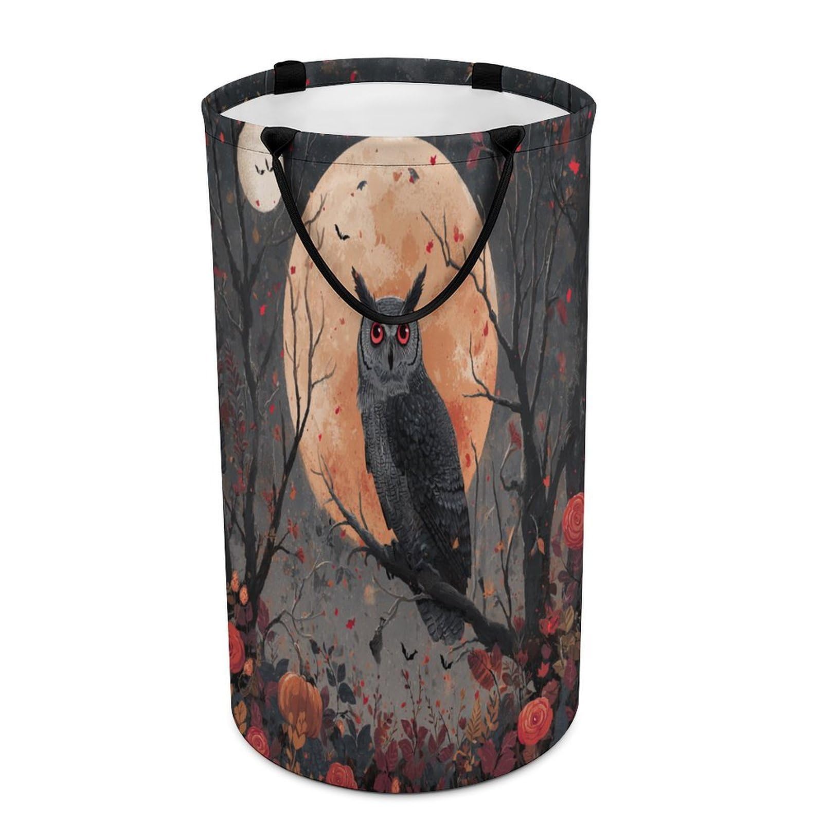 LUYYSKY Rustic Abstract Animals Owls Collapsible Dirty Clothes Basket, Gothic Cartoon Halloween Full Moon Red Roses Pattern Portable Clothes Storage Basket