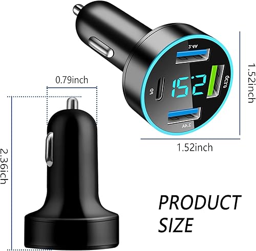 Miniatura 2 de Cargador de coche USB de 4 puertos, adaptador de carga rápida para encendedor de cigarrillos, cargador USB con LED azul, puertos 2.4A+PD+QC3.0,