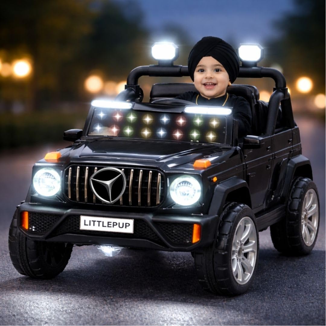 LITTLEPUP 12V Battery Operated Ride On Jeep for Kids 1 to 5 Years | Electric Car with Remote Control, Music, USB AUX, LED Lights, Openable Doors, Big Wheels (Black)