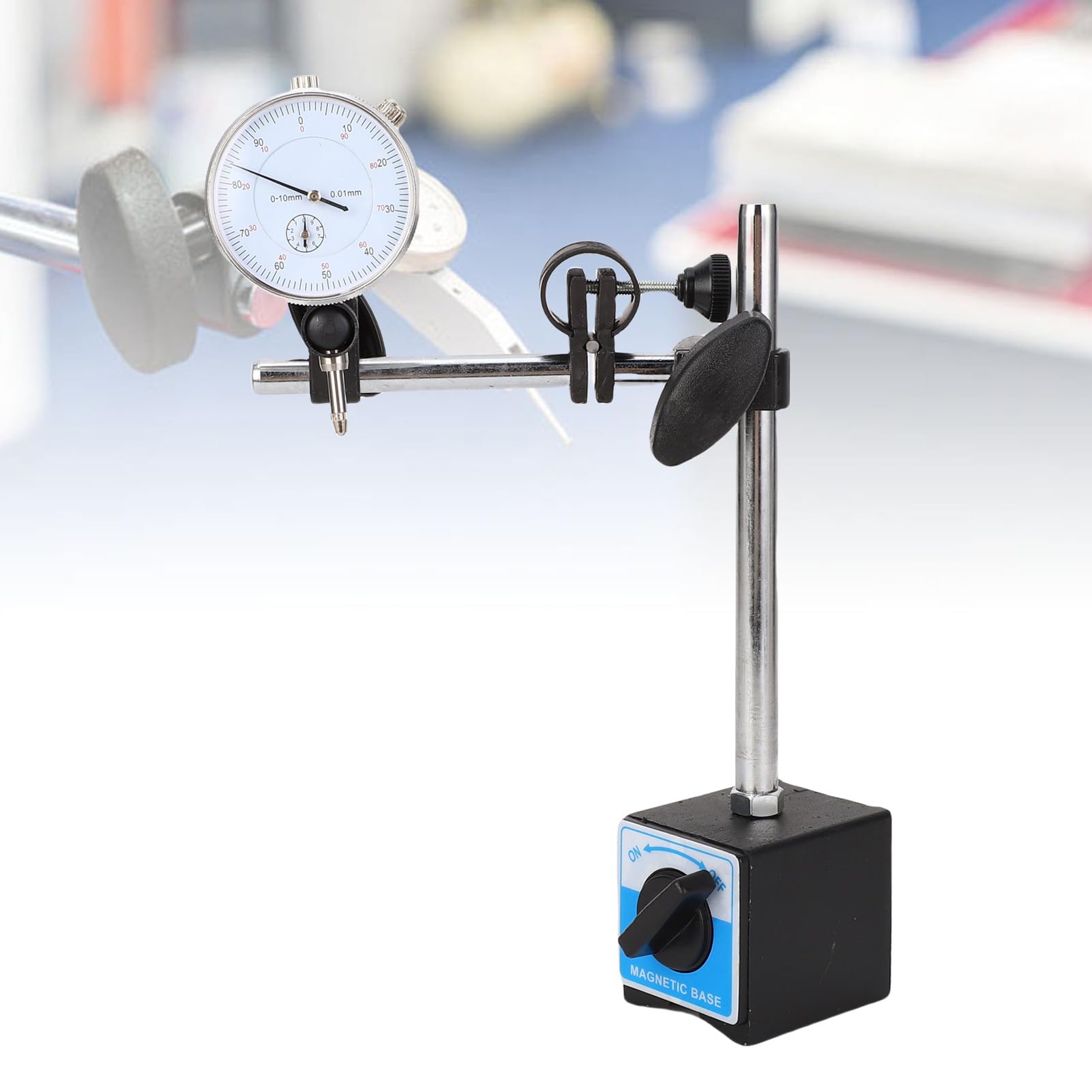 Messuhr mit Magnetfuß, Edelstahl-Messuhr, Messbereich 0–10 Mm, Auflösung 0,01 Mm, Verstellbarer Langer Arm für die Bearbeitung von Rundlaufprüfungen der Fahrzeugausrichtung