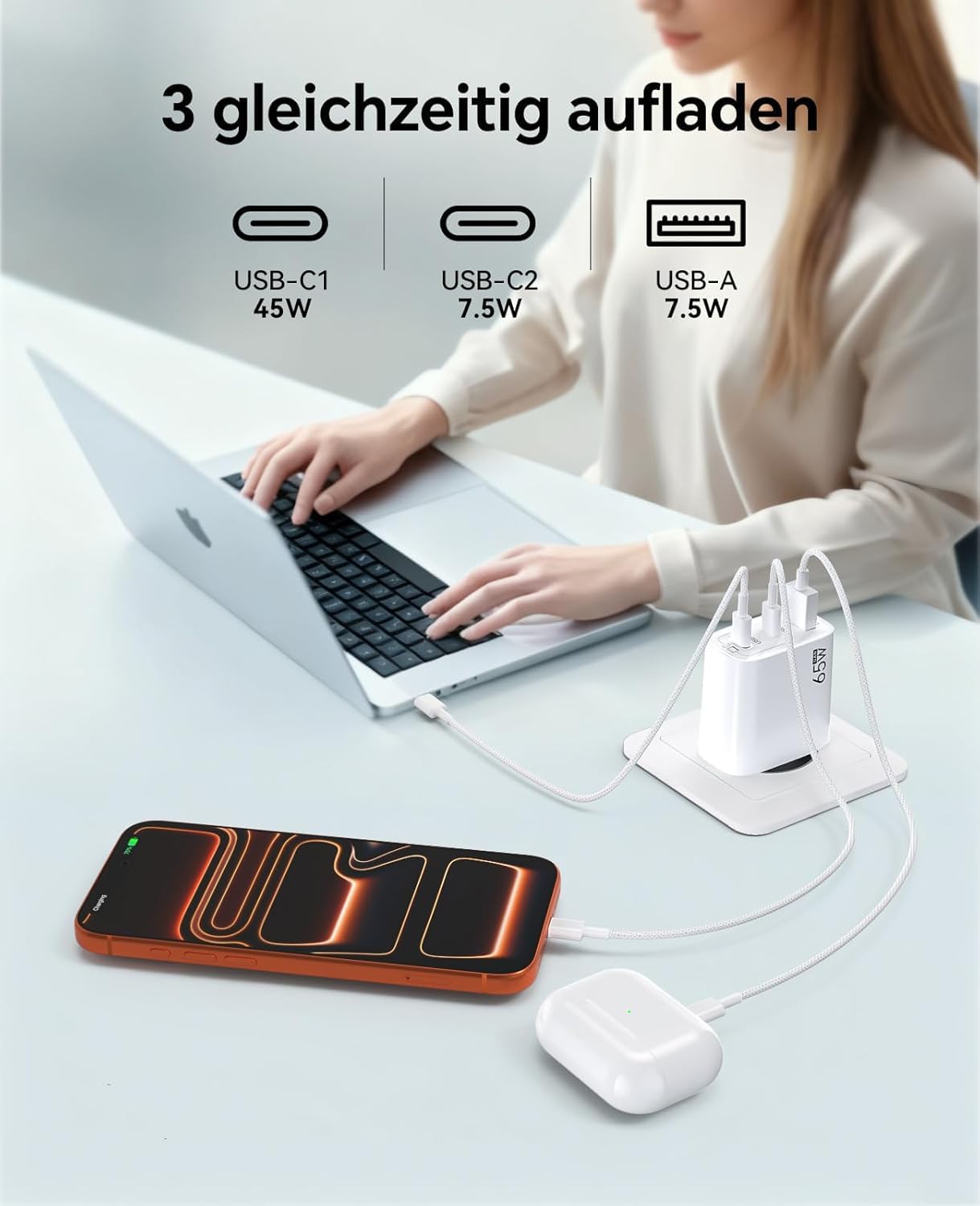 USB C Ladegerät 65W 3-Port, USB-C Netzteil PPS 60W Schnellladegerät, PD Charger, kompatibel mit MacBook Pro/Air, iPhone 17/16/15, iPad Pro, Samsung S25/S24/S23 Ultra, Google Pixel 10/9, weiß