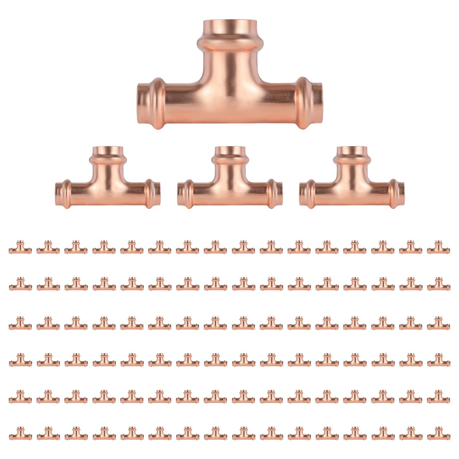 Paquete de 100 conectores en T reductores de cobre GUOFIS, 1" P x 1" P x 1-1/4", conector en T reductor de presión para plomería, conector de tres vías para derivación de transición de tamaño de tub