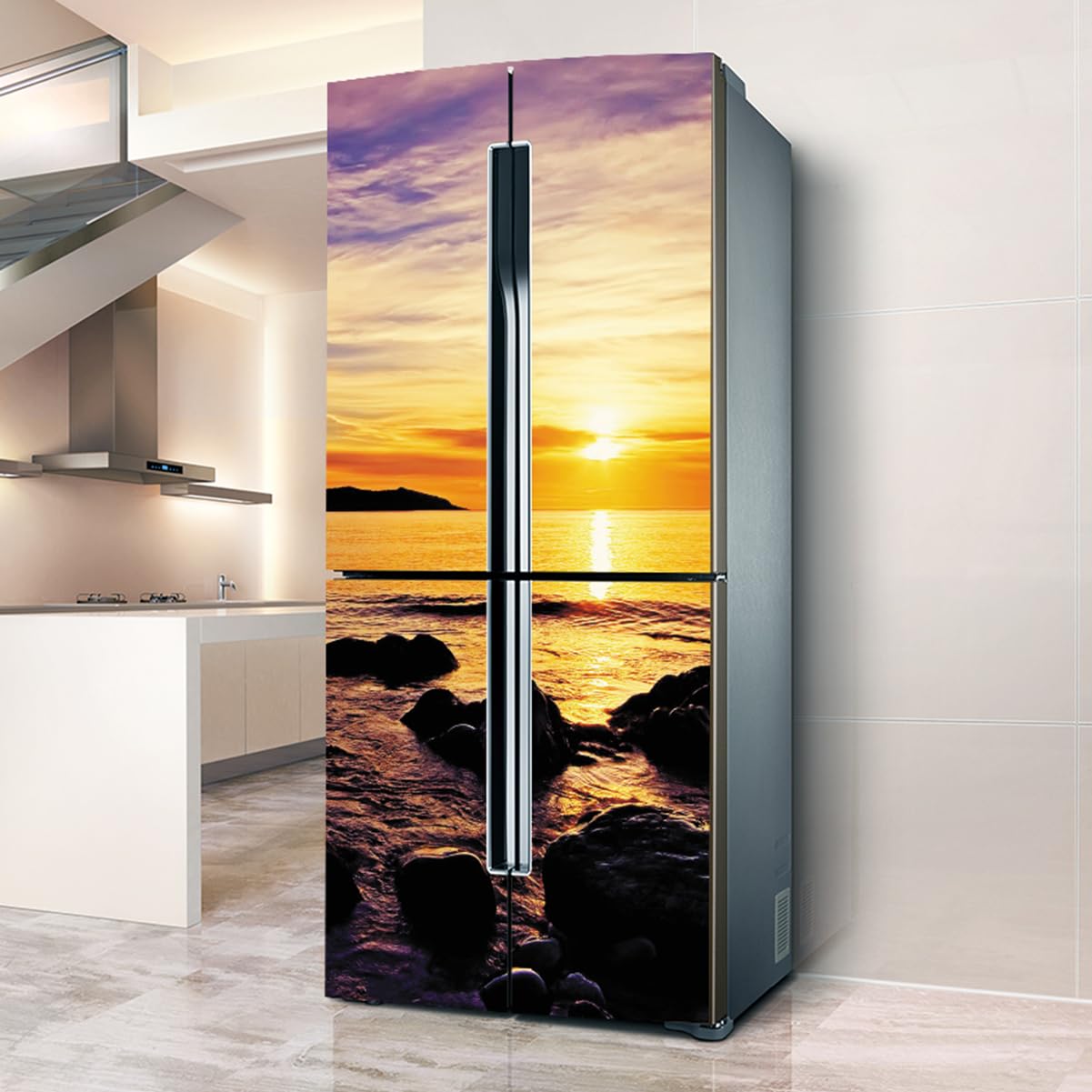 Fridge Sticker, Fridge Sticker Full Covering Door Covers Decor, Freezer Skins Wall Stickers for Kitchen Decal, Sunset Seascape Reef(L: 100x180 cm)
