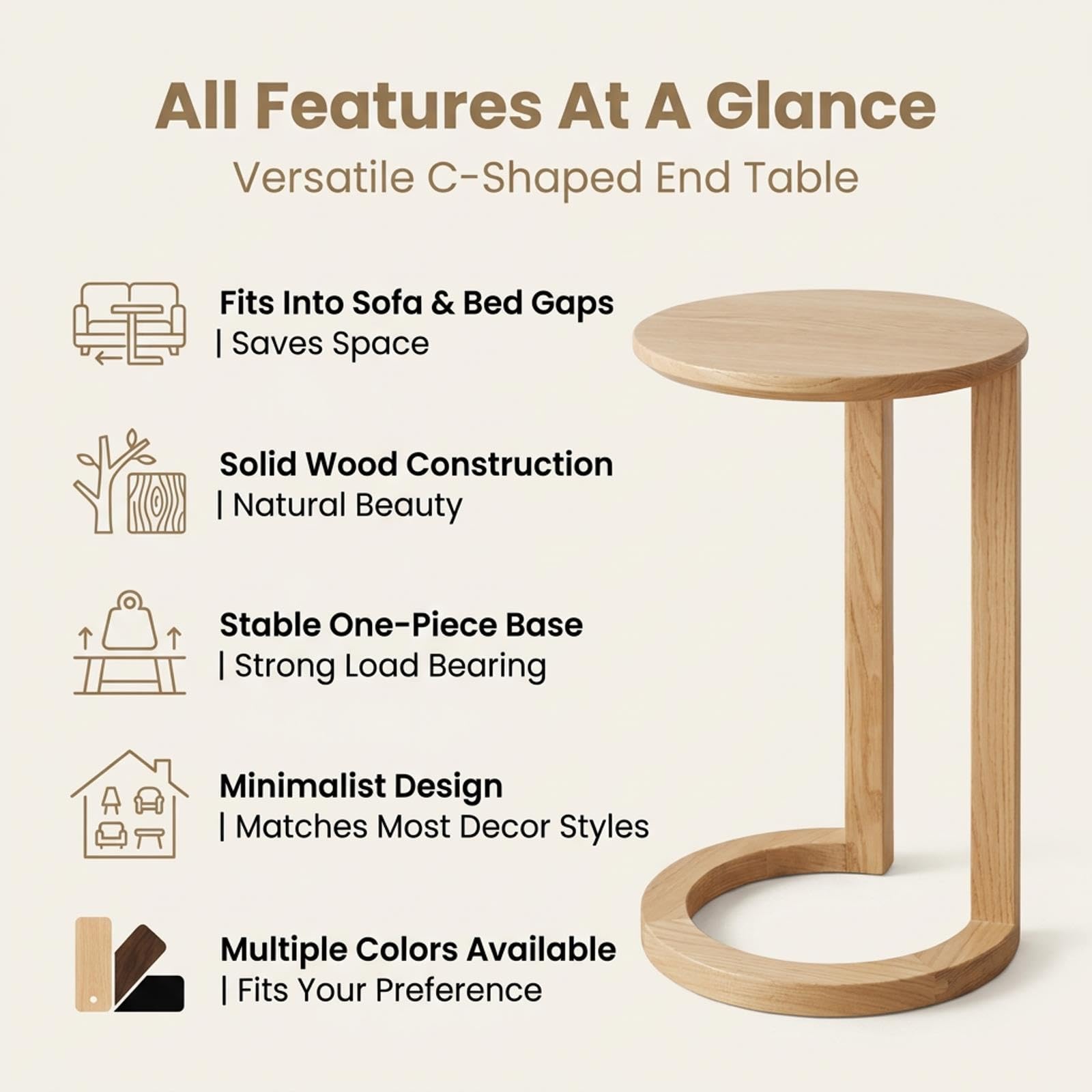 Table d'Appoint en C en Bois Massif avec Plateau Rond