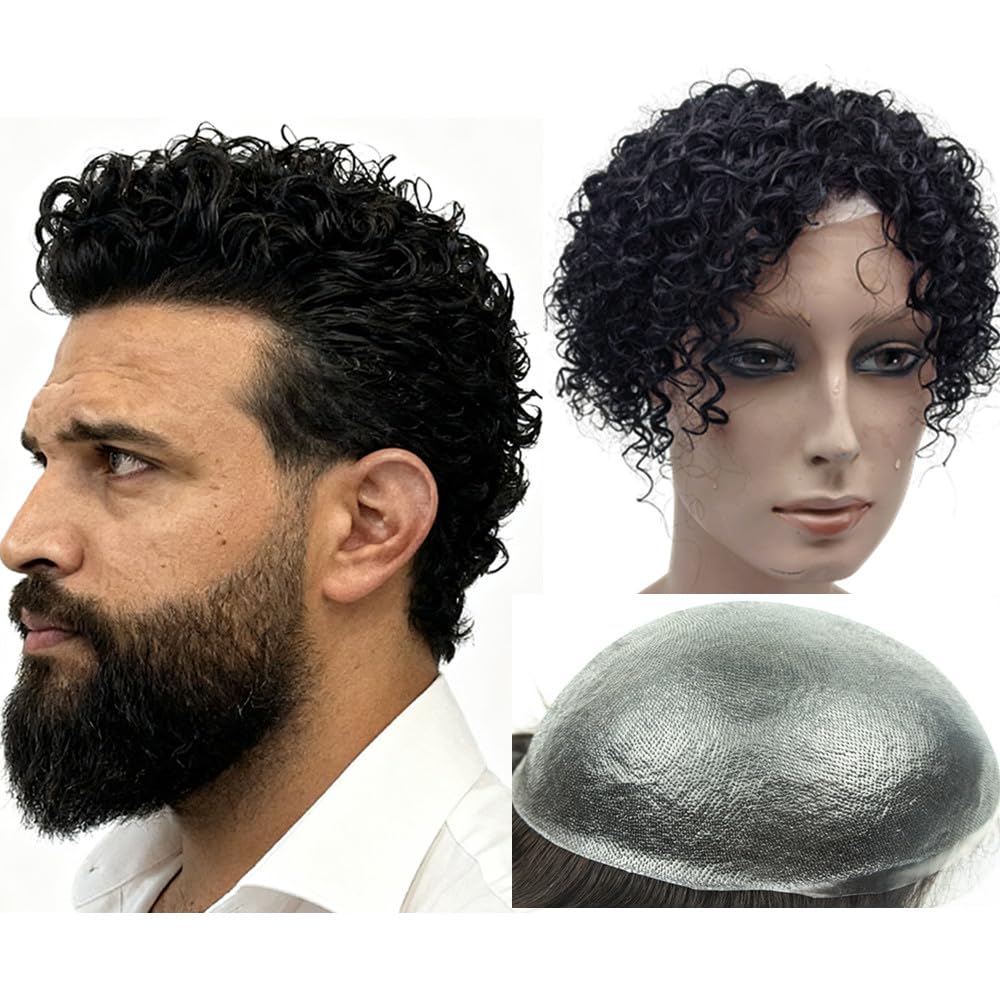 N.L.W. Toupee for men 5mm Spanish curly wave hair replacemnt system topper 10x8 base 6" length 10A grade Vloop 0.04mm PU Thin skin hair prosthesis units patch for man #1 Jet black color