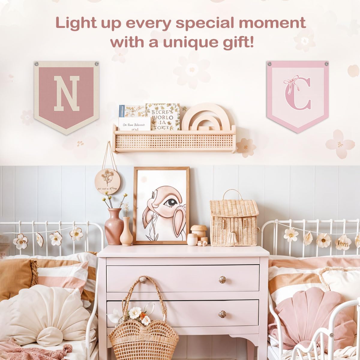Lacama Pink Initial Personalized Preppy Banner, Baby Shower Decor Gifts, Wall Decor for Women Teen Girl, Vintage Room Decor Toddler Room Bedroom Playroom Front Door Birthday Gift(N) image 3