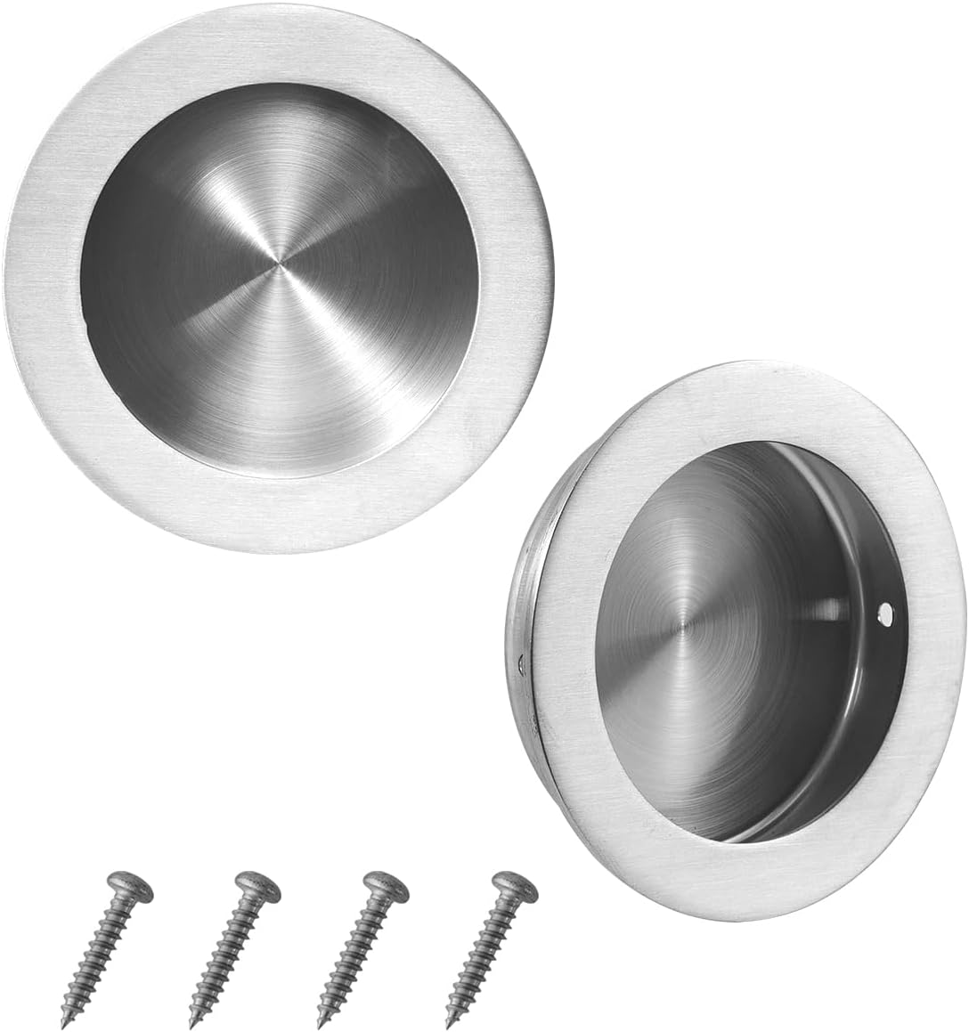 Recessed Pocket Door Pull Handles, 2-3/4 Inch Round Finger Flush Pulls Barn Door Hardware Brushed 304 Stainless Steel (2 Pack)