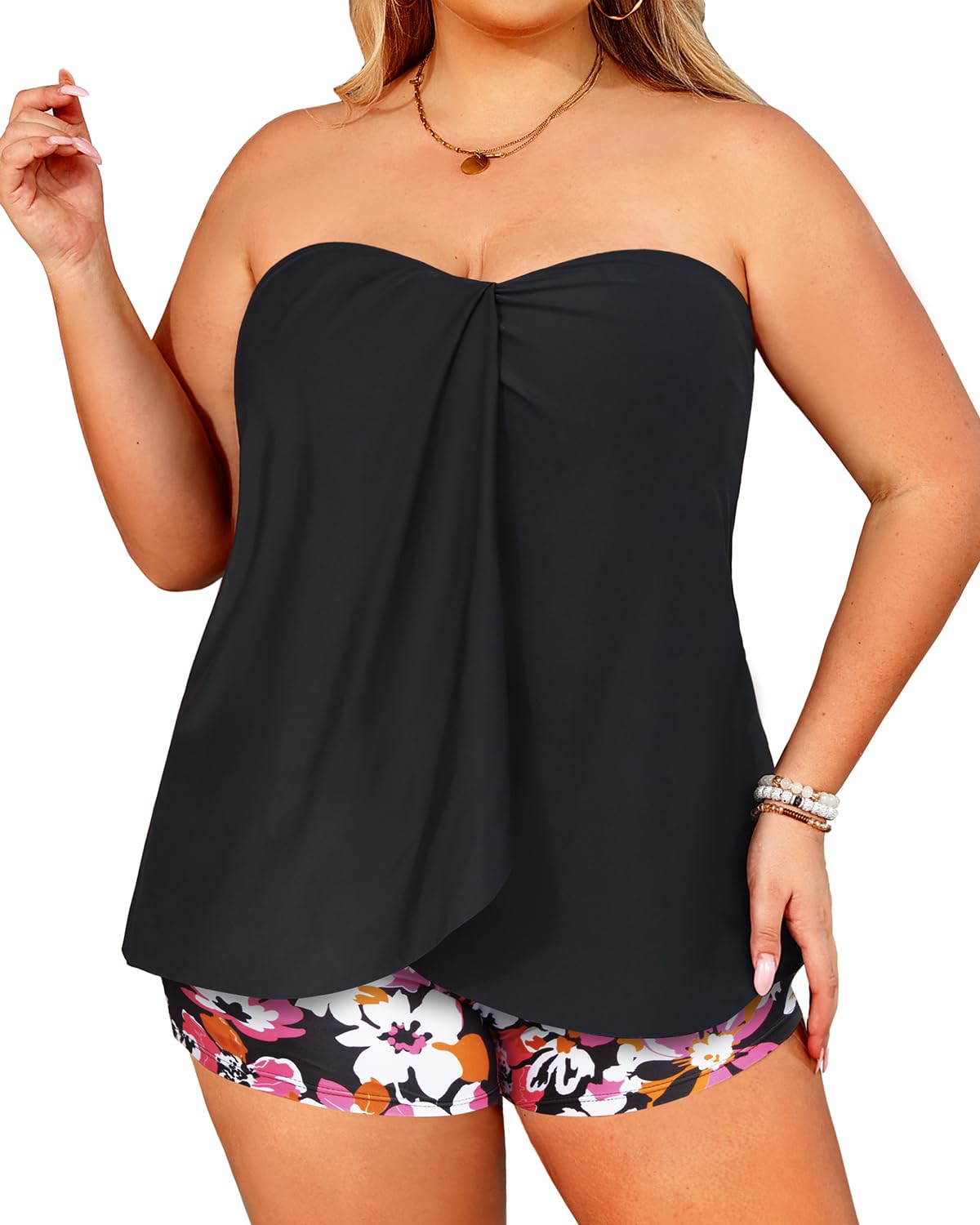 Plus Size Bandeau Tankini 2 Piece Halter Swimsuit with Shorts