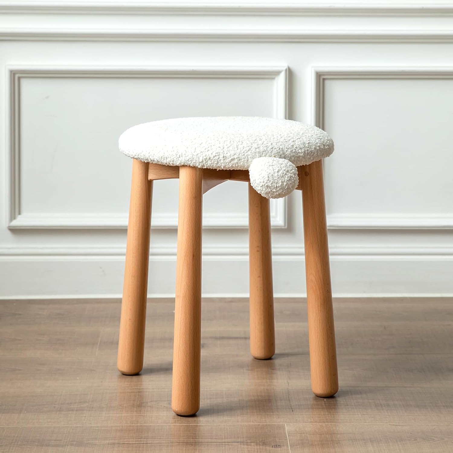 Vanity Stool-Beech Wood, Wooden Chair with Lambswool Upholstery Cushions, Modern White Makeup Stool for Living Room, Bedroom, White, Chair