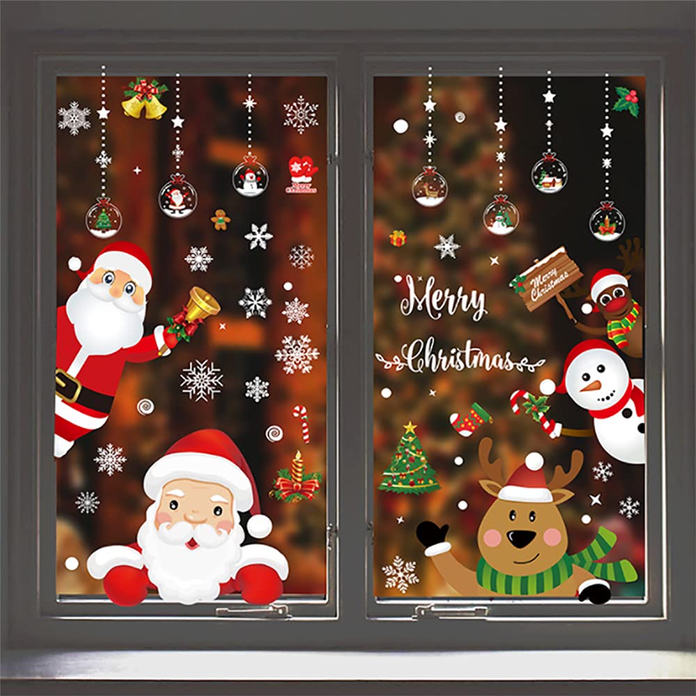 XACIOAChristmas Snowflake Window Clings Stickers,160 PCS 8 Sheet,Xmas Decals Holiday Snowman Stickers with Santa Claus Reindeer for Winter Decorations Party