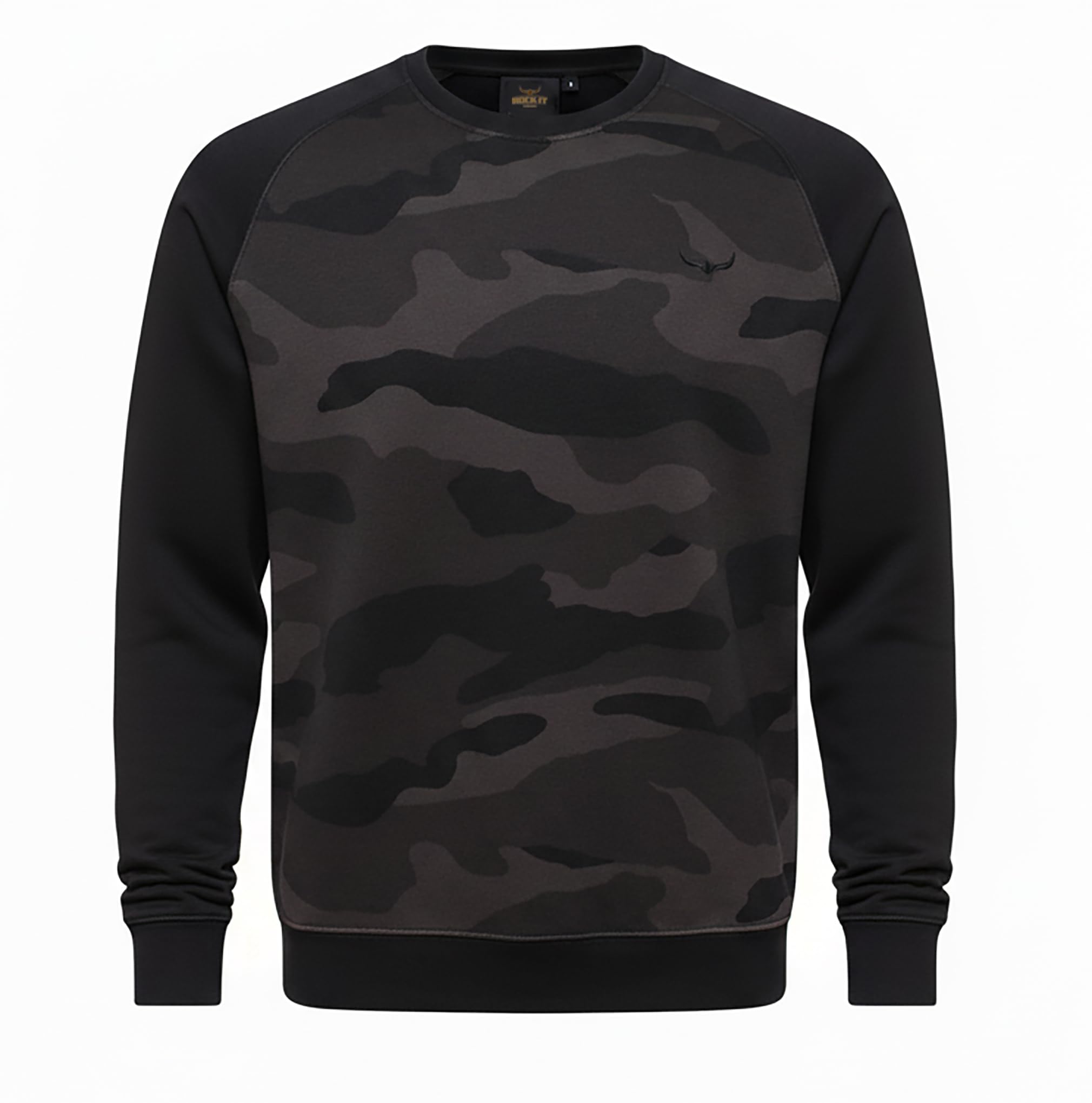 ROCK-IT Apparel man raglan crewneck sweatshirt pullover premium mens two tone sweater terry [S-5XL] Color Black/Dark Camo S