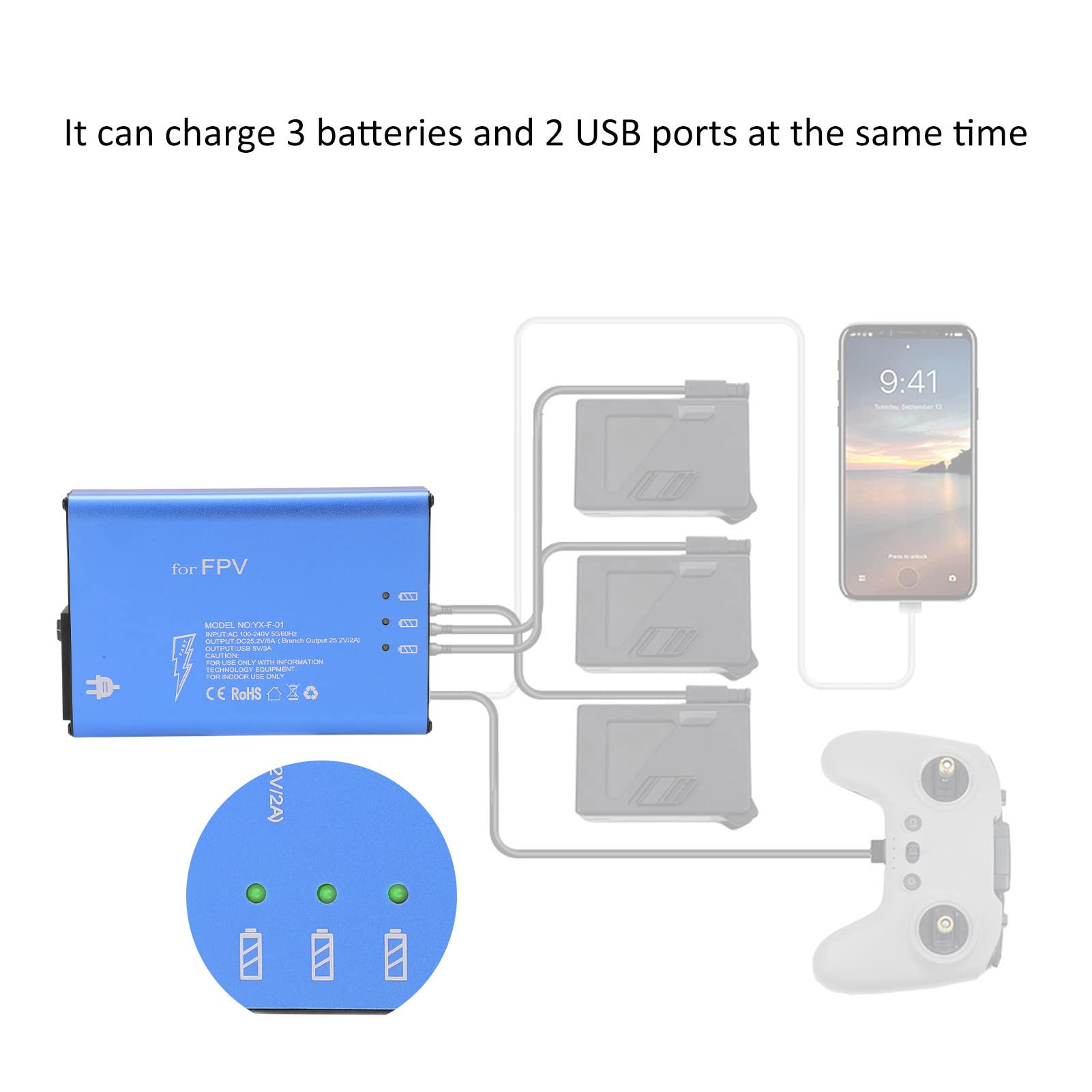 Chargeur de Batterie Drone, Hub de Charge Intelligent pour 3 Batteries et 2 USB simultanés avec contrôle précis pour Pilotes FPV passionnés et compétitions de Drones