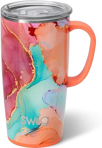 Swig Life - Taza de café de viaje de 22 onzas, vaso con aislamiento térmico con asa y tapa, para portavasos y lavavajillas, de acero inoxidable