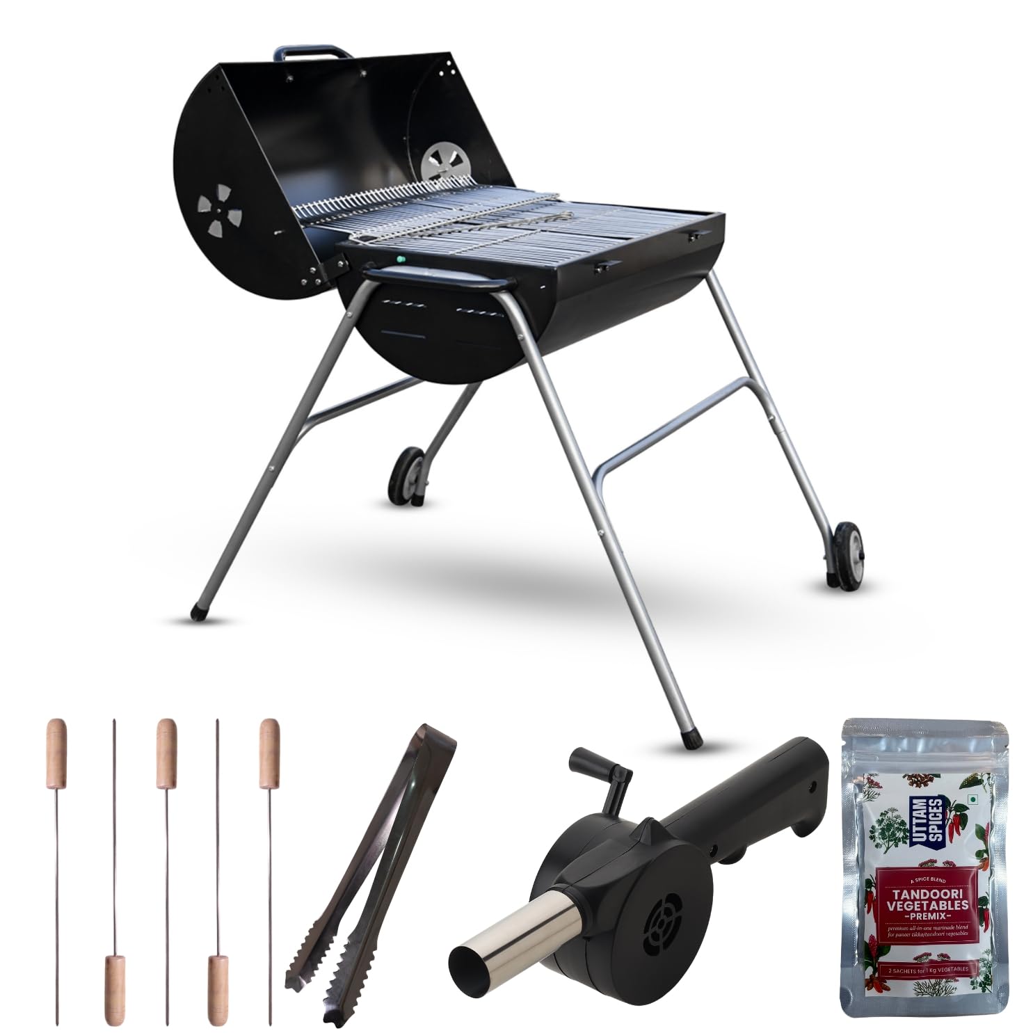 Peng Essentials WheelGrill Drum Barbeque Grill set for Home | Large Cooking Area, Easy Assemble, Additional Warming Rack | Charcoal Griller BBQ With 5 Wooden Skewers, 1 Tong & 2 Pack of Spices, Cover (B0BXYBZD8H) Amazon Price History, Amazon Price Tracker