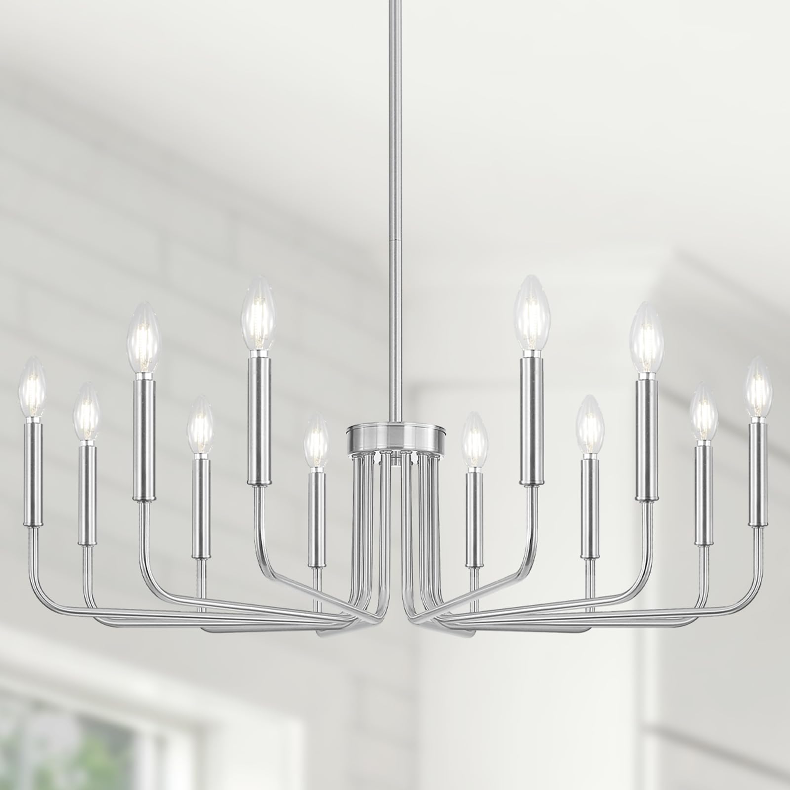 Yunnix 12 Light Brushed Nickel Chandelier, Farmhouse Chandelier for Dining Room Light Fixture Hanging, UL Listed Industrial Modern Chandelier for Bedroom, Kitchen, Living Room, No Assembly Required