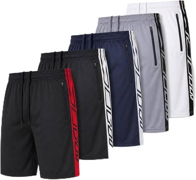 Pack de 5 pantalones cortos deportivos Ultra Performance para hombre, pantalones cortos de baloncesto de corte holgado | Tejido 100% poliéster de secado rápido, entrepierna de 10", ajuste relajado hasta los muslos, lavable a máquina, perfecto para el gimnasio