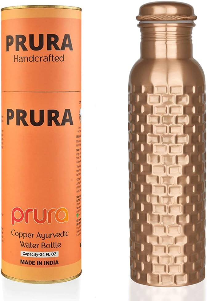 Handcrafted Pure Copper Drinking Water Bottle |Copper Water Bottle with Lid - Ayurvedic Water Bottle with Vessel - Drink More Water Bottle Bricks 32 oz