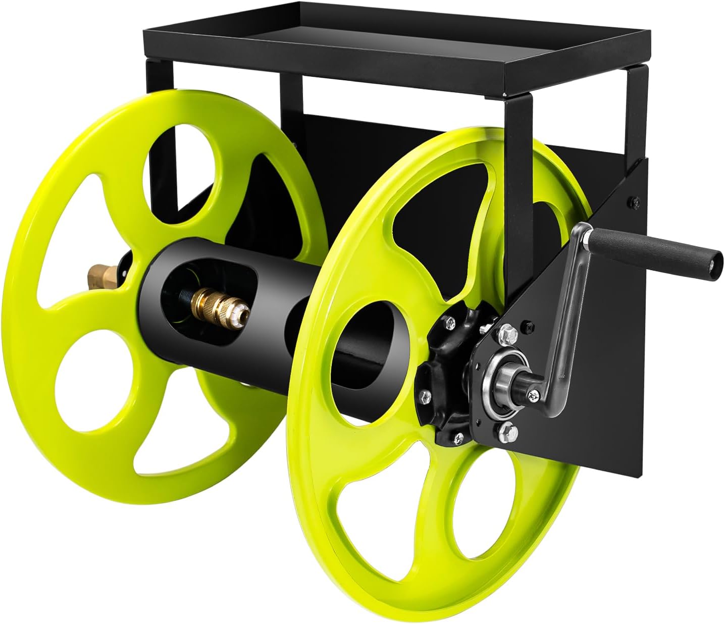 Stainless Steel Garden Hose Reel for 5/8" Hose Reel with Crank Handle Retractable ，Wall Mount Metal Hose Reel 3/4 in Brass Fitting ， Holds up to 120-FtHose with Storage Rack (Hose not included）