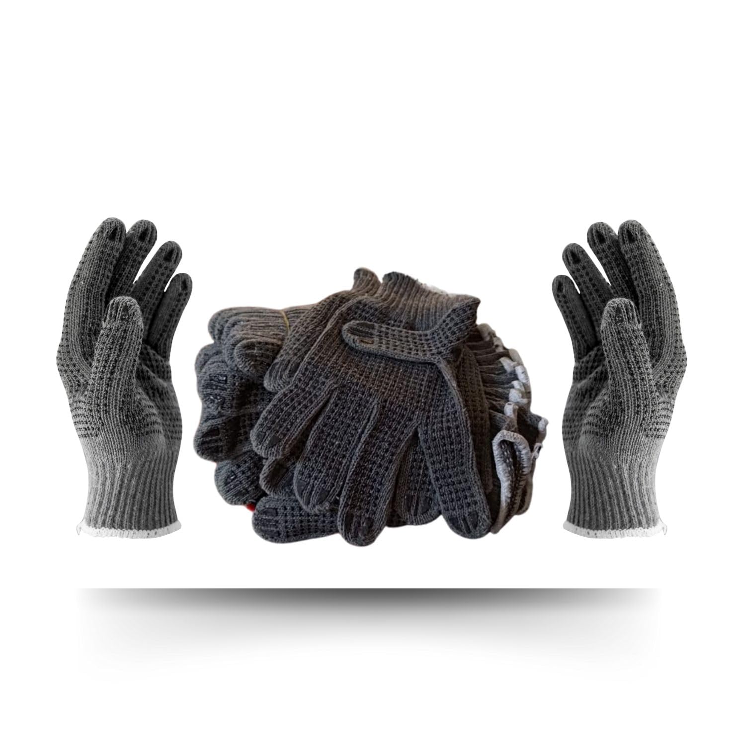 Hasanat Essentials Cotton Double Side Dotted Gloves Tiger Claw Grip Unisex Stretchable One Size Knitted 7 Guage Shell Material Handling Industrial Stylish White Cuff Grey Black