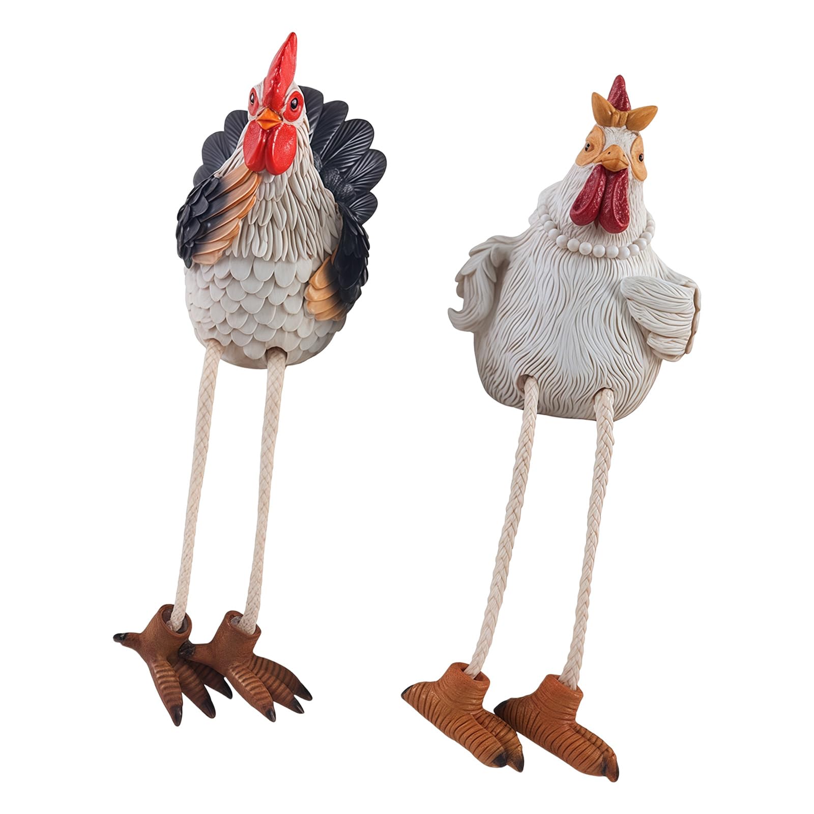 Msioytog 2Piece Sitting Chicken Statue Set with Realistic Detail Dangling Legs Rooster and Hen Figurine Ornament for Home Decors Rooster Figurine with Dangling Legs