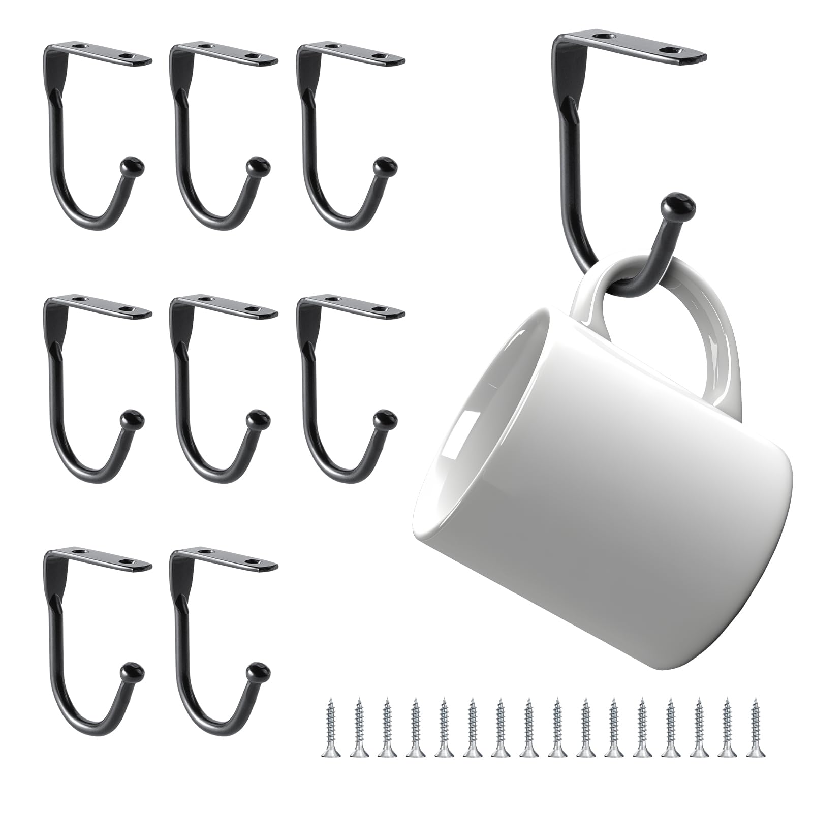 PEAPIN 8 Set Black Cup Hooks, Equipped with 16 M4 Screws