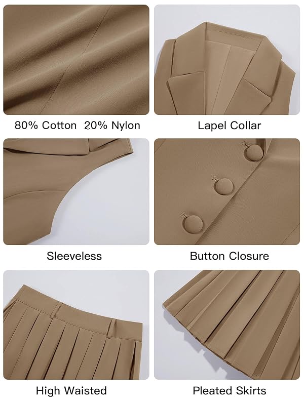 Cicy Bell Womens Summer 2 Piece Outfits V Neck Blazer Vest Matching Sets and Mini Pleated Skirts Khaki by Cicy Bell - Image 6