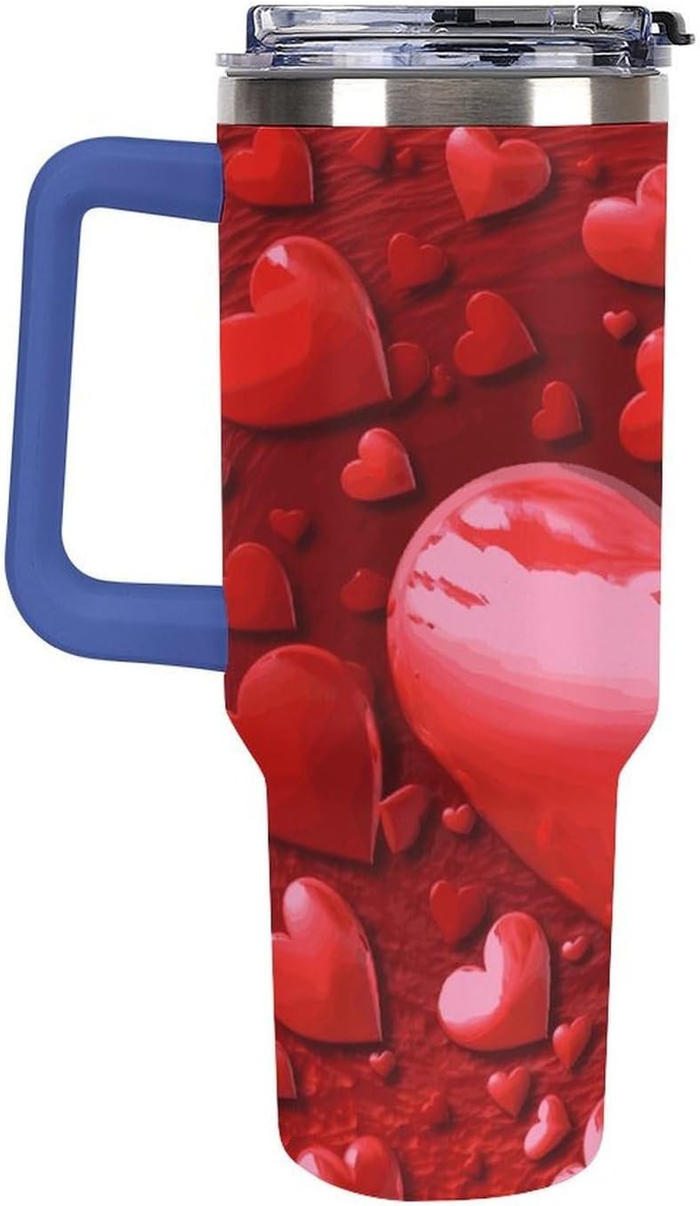 Red Hearts Love Tumbler 40 Oz with Handle&Lid Large Car Cup Stainless Steel Vacuum Travel Mug Insulated Water Bottle Leak-proof Portable Coffee Cup for Home Car Outdoor